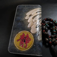 Badass Black Leather Men's Chinese Monster Long Biker Wallet Handmade Tooled Zipper Long Wallets For Men - iwalletsmen