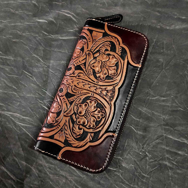 Badass Maroon Leather Men's Long Biker Tooled Wallet Floral Tooled Zipper Long Wallets For Men - iwalletsmen