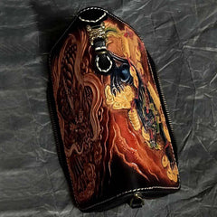 Badass Black Leather Men's Long Biker Handmade Wallet Beast Totem Tooled Zipper Long Chain Wallets For Men - iwalletsmen