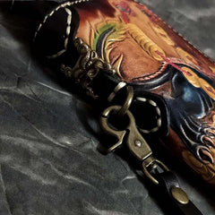 Badass Black Leather Men's Long Biker Handmade Wallet Beast Totem Tooled Zipper Long Chain Wallets For Men - iwalletsmen