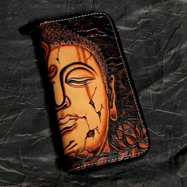 Badass Black Leather Men's Clutch Wallet Buddha Handmade Tooled Zipper Long Wallets For Men - iwalletsmen