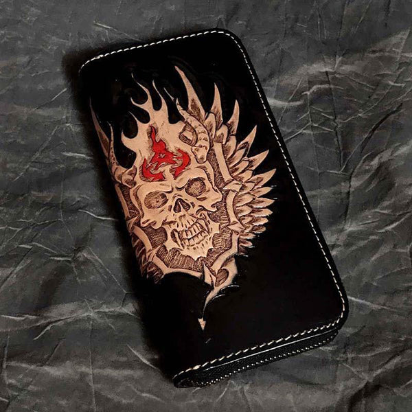 Black Leather Men's Long Biker Wallet Ghost Skull Badass Handmade Tooled Zipper Long Wallets For Men - iwalletsmen