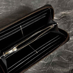 Badass Black Leather Men's Long Biker Handmade Wallet God Beast Tooled Zipper Long Chain Wallets For Men - iwalletsmen