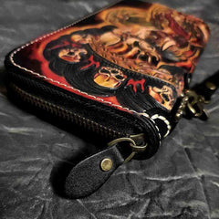 Badass Handmade Black Leather Men's Biker Long Wallet Mahākāla Tooled Zipper Long Chain Wallets For Men - iwalletsmen