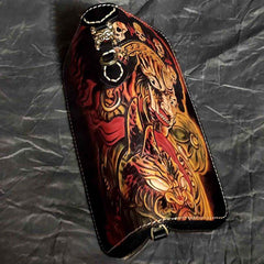 Badass Handmade Black Leather Men's Biker Long Wallet Mahākāla Tooled Zipper Long Chain Wallets For Men - iwalletsmen