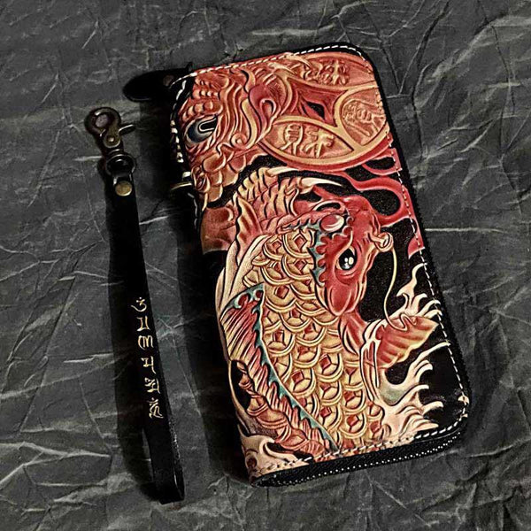 Badass Black Leather Men's Long Biker Wallet Golden Carp Handmade Tooled Zipper Long Wallets For Men - iwalletsmen