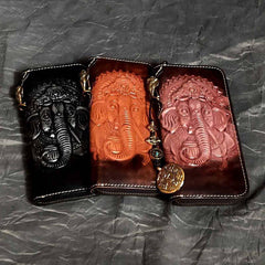 Badass Black Leather Men's Long Biker Handmade Wallet Ganesha Tooled Zipper Chain Long Wallets For Men - iwalletsmen