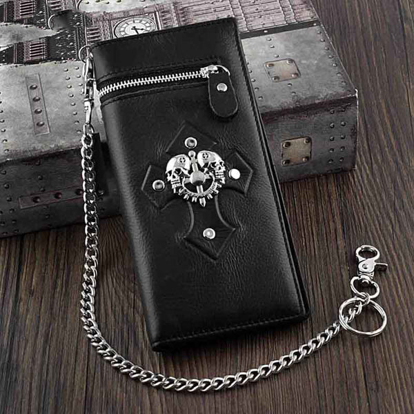 Badass Black Leather Men's Skull Long Biker Wallet Bifold Black Chain Long Wallets For Men - iwalletsmen