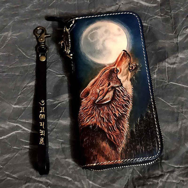 Badass Black Leather Men's Long Biker Wallet Wolf Handmade Tooled Zipper Long Wallets For Men - iwalletsmen