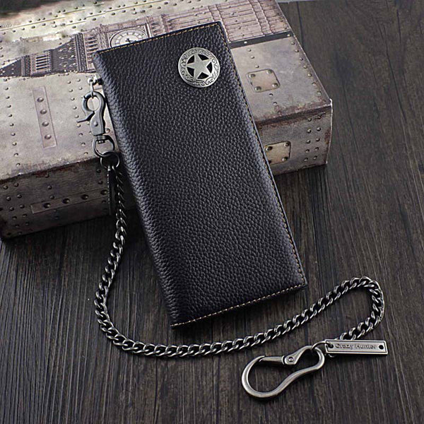 Badass Black Leather Men's Metal Star Long Biker Chain Wallet Bifold Long Wallet with Chain For Men - iwalletsmen