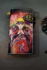 Badass Black Leather Men's Naruto Long Biker Wallet Handmade Tooled Zipper Long Wallets For Men - iwalletsmen