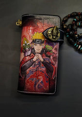 Badass Black Leather Men's Naruto Long Biker Wallet Handmade Tooled Zipper Long Wallets For Men - iwalletsmen