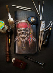 Badass Leather Men's Pirate Skull Long Biker Wallet Handmade Tooled Biker Chain Wallets For Men - iwalletsmen