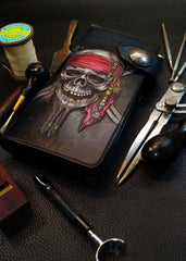 Badass Leather Men's Pirate Skull Long Biker Wallet Handmade Tooled Biker Chain Wallets For Men - iwalletsmen