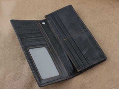 Badass Black Leather Men's Punk Long Biker Chain Wallet Cool Black Bifold Long Wallets with Chain For Men - iwalletsmen