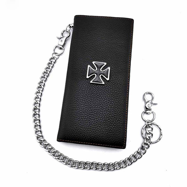 Badass Black Leather Men's Punk Cross Long Biker Chain Wallet Black Long Wallet with Chain For Men - iwalletsmen
