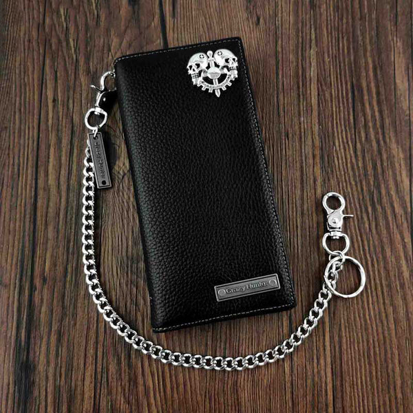 Badass Black Leather Men's Punk Long Biker Chain Wallet Skull Bifold Chain Long Wallet For Men - iwalletsmen