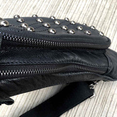 Badass Black Leather Men's Sling Bag Punk Chest Bag Rivet One shoulder Backpack Phone Bag For Men - iwalletsmen