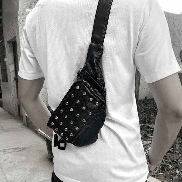 Badass Black Leather Men's Sling Bag Punk Chest Bag Rivet One shoulder Backpack Phone Bag For Men - iwalletsmen