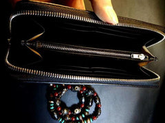 Badass Black Leather Men's Tiger Long Biker Wallet Handmade Tooled Zipper Long Wallet For Men - iwalletsmen