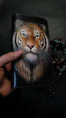 Badass Black Leather Men's Tiger King Long Biker Wallet Handmade Tooled Zipper Long Wallets For Men - iwalletsmen