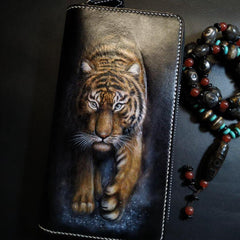 Badass Black Leather Men's Tiger Long Biker Wallet Handmade Tooled Zipper Long Wallets For Men - iwalletsmen