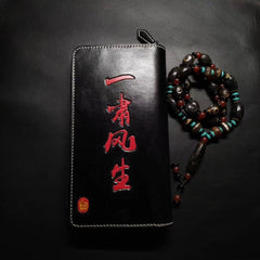 Badass Black Leather Men's Tiger Long Biker Wallet Handmade Tooled Zipper Long Wallets For Men - iwalletsmen