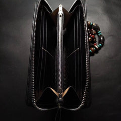 Badass Black Leather Men's Tiger Long Biker Wallet Handmade Tooled Zipper Long Wallets For Men - iwalletsmen