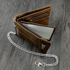 Badass Brown Leather Men's Bifold Small Biker Wallets Chain Wallet Brown Wallet with chain For Men - iwalletsmen