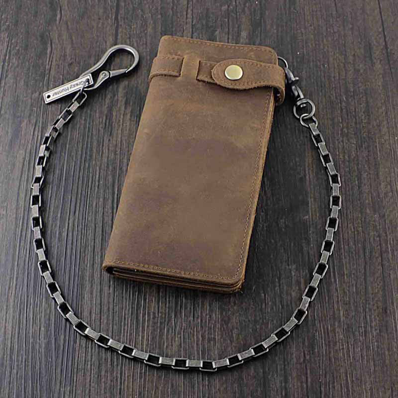 Vintage Brown Leather Men's Long Biker Chain Wallet Brown Badass Bifold Long Wallet with Chain For Men - iwalletsmen