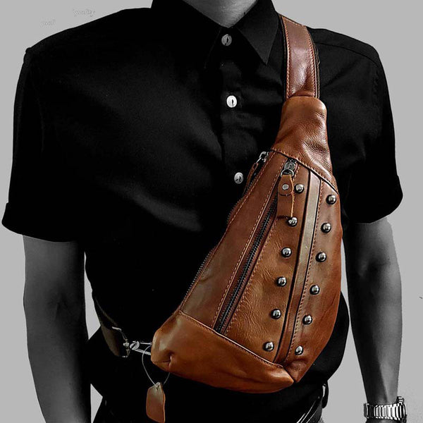 Badass Brown Leather Men's Sling Bags Chest Bag Brown One shoulder Backpack Sling Bag For Men - iwalletsmen