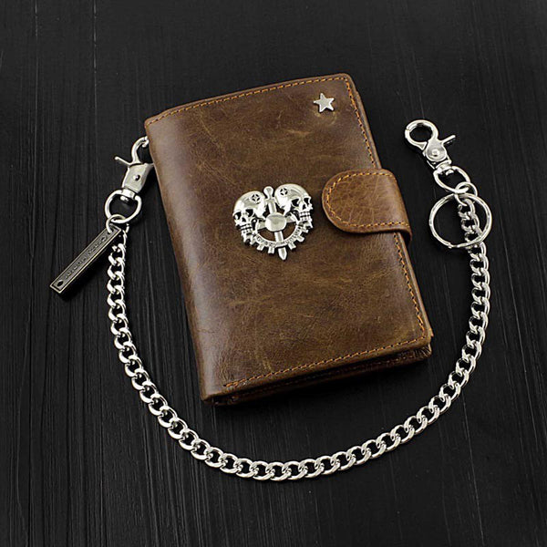 Cool Leather Men's Trifold Punk Ghost Head Skull Biker Wallet Brown Chain Wallets Wallet with chain For Men - iwalletsmen
