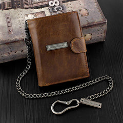 Brown Leather Men's Trifold Small Biker Wallet Chain Wallets Badass Wallet with chain For Men - iwalletsmen