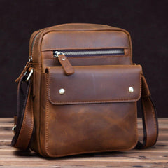 Vintage Brown Leather Messenger Bag Men's Vertical Side Bag Small Vertical Courier Bag For Men - iwalletsmen
