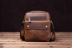 Vintage Brown Leather Messenger Bag Men's Vertical Side Bag Small Vertical Courier Bag For Men - iwalletsmen