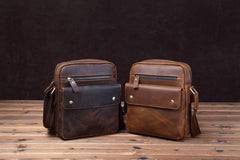 Vintage Brown Leather Messenger Bag Men's Vertical Side Bag Small Vertical Courier Bag For Men - iwalletsmen