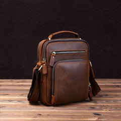 Small Brown Leather Messenger Bag Men's Vertical Side Bag Mini Vertical HandBag Courier Bag For Men - iwalletsmen