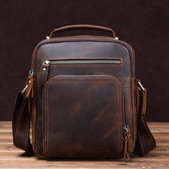 Small Brown Leather Messenger Bag Men's Vertical Side Bag Mini Vertical HandBag Courier Bag For Men - iwalletsmen