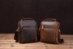 Small Brown Leather Messenger Bag Men's Vertical Side Bag Mini Vertical HandBag Courier Bag For Men - iwalletsmen