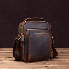Small Brown Leather Messenger Bag Men's Vertical Side Bag Mini Vertical HandBag Courier Bag For Men - iwalletsmen