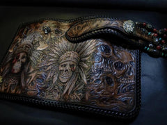 Badass Black Leather Men's Indian Chief Skull Biker Wallet Handmade Tooled Zipper Long Wallets For Men - iwalletsmen