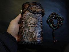 Badass Black Leather Men's Indian Chief Skull Biker Wallet Handmade Tooled Zipper Long Wallets For Men - iwalletsmen