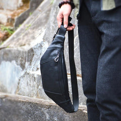 Slim Leather Black Fanny Pack Men's Black Chest Bag Hip Bag Small Waist Bags For Men - iwalletsmen