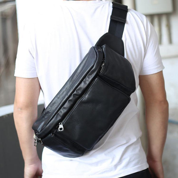 Black Leather Fanny Pack Men's Black Chest Bag Hip Bag Large Capacity Waist Bag For Men - iwalletsmen