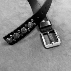 Badass Black Leather Metal Rock Punk Belt Black Motorcycle Belt Leather Rivet Belts For Men - iwalletsmen