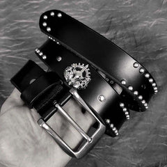 Badass Leather Metal Skull Belt Black Motorcycle Belt Cool Rivets Leather Round Belts For Men - iwalletsmen