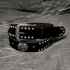 Badass Leather Metal Skull Belt Black Motorcycle Belt Cool Rivets Leather Round Belts For Men - iwalletsmen