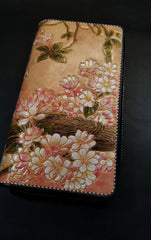 Brown Leather Women Cherry Blossom Tree Biker Wallet Handmade Tooled Zipper Long Wallets For Men - iwalletsmen