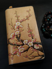 Brown Leather Women Cherry Blossom Tree Biker Wallet Handmade Tooled Zipper Long Wallets For Men - iwalletsmen