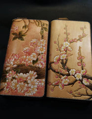Brown Leather Women Cherry Blossom Tree Biker Wallet Handmade Tooled Zipper Long Wallets For Men - iwalletsmen